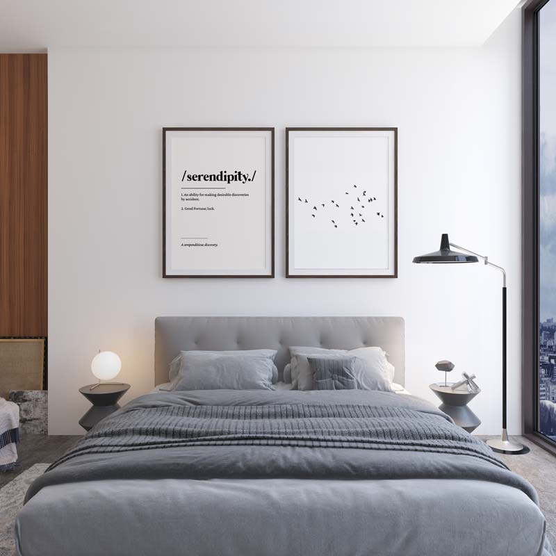 Decoración con cuadros, mural -  cuadro tipográfico en blanco y negro con definición de la palabra "serendipity" (serendipia). Cuadro de frases. Lámina decorativa.