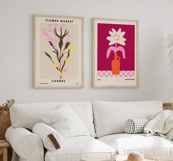 decoración con cuadros, mura - lámina decorativa de ilustración divertida y colorida de flor y jarrón, rosa fuerte - kudeko