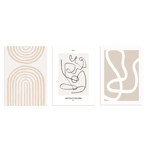 Set aus drei Wandbildern mit beigen konzentrischen Bögen, schwarzer Linienfigur und cremefarbener Wellenform auf neutralen Hintergründen, in minimalistischem und modernem Stil. Erhältlich auf kudeko.com