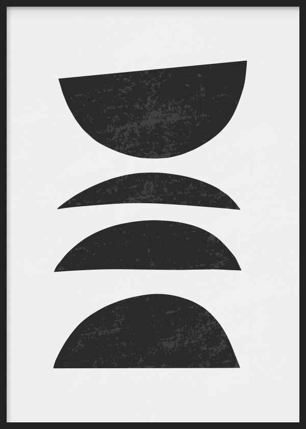 Cuadro con cuatro formas semicirculares negras sobre fondo blanco, composición equilibrada de alto contraste y estilo geométrico. Disponible en kudeko.com