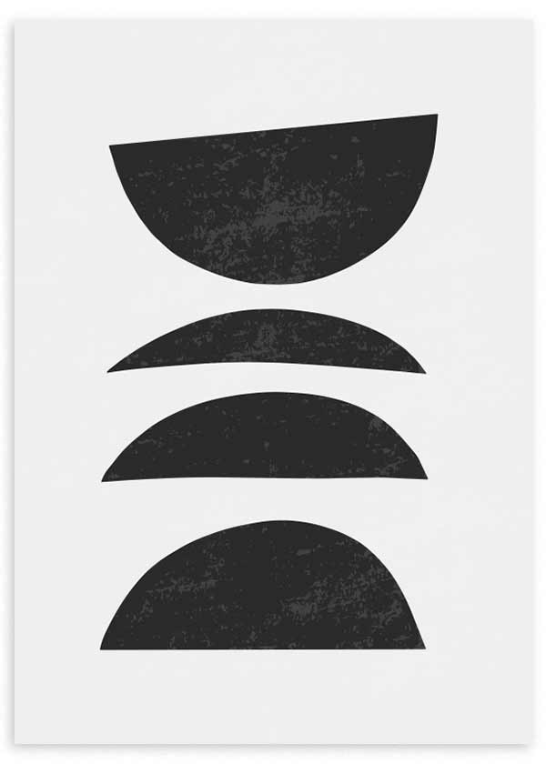 Tableau encadré avec quatre formes semi-circulaires noires sur fond blanc, composition verticale équilibrée, contraste marqué et style géométrique minimaliste. Disponible sur kudeko.com