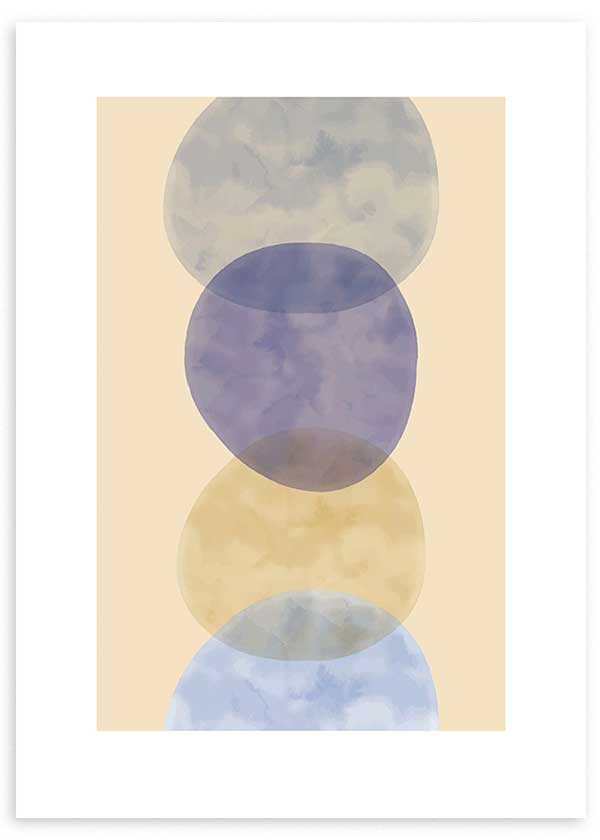 Cuadro con círculos superpuestos en tonos malva, azul grisáceo, beige y amarillo suave sobre fondo claro, de estilo abstracto. Disponible en kudeko.com