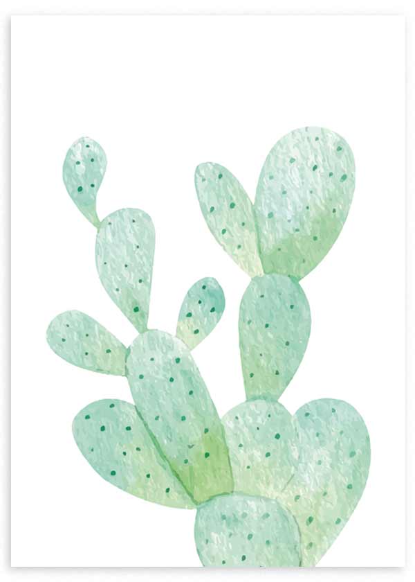 Gerahmtes Wandbild mit Feigenkaktus in Mintgrün, Aquamarin und Weiß, mit leichter botanischer Komposition auf hellem Hintergrund und modernem illustrativem Stil. Erhältlich auf kudeko.com