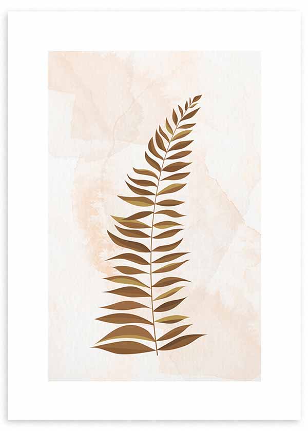 Cuadro con hoja de helecho estilizada en tonos cobre, marrón y beige sobre fondo claro, composición limpia de estilo minimalista. Disponible en kudeko.com