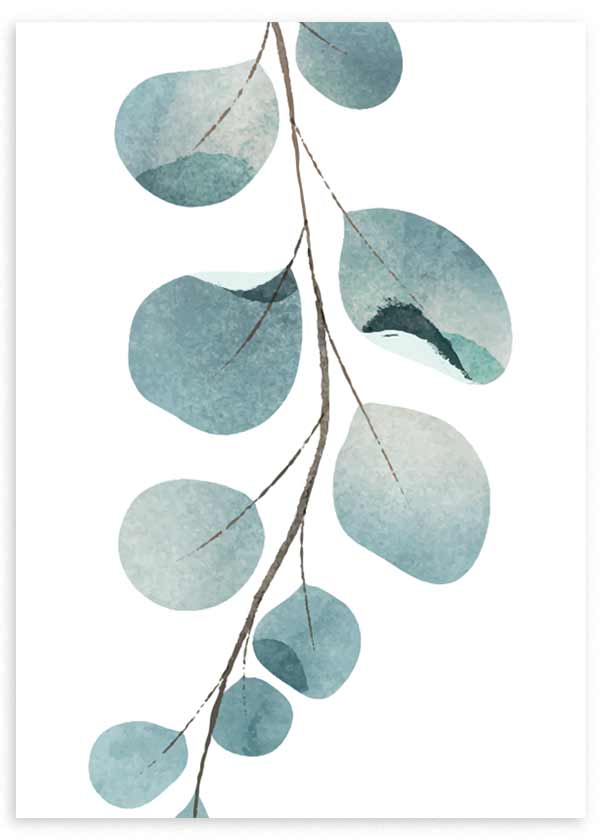 Quadro emoldurado com ramo botânico delicado, folhas arredondadas em azul água, turquesa e cinzento suave, sobre fundo branco, num estilo floral leve e elegante. Disponível em kudeko.com