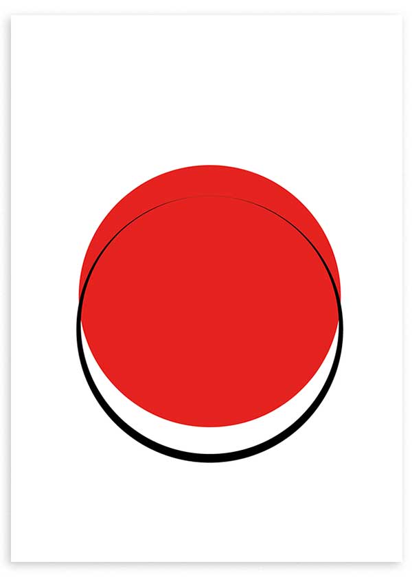 cuadro minimalista y abstracto de elipse en colores rojo, negro y blanco. Lámina decorativa.