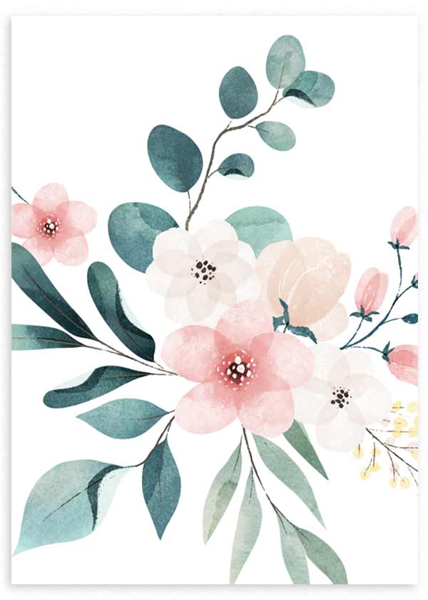 Tableau floral avec fleurs rose poudré, blanches et pêche, feuillages vert bleuté, fond clair et style botanique délicat et lumineux. Disponible sur kudeko.com