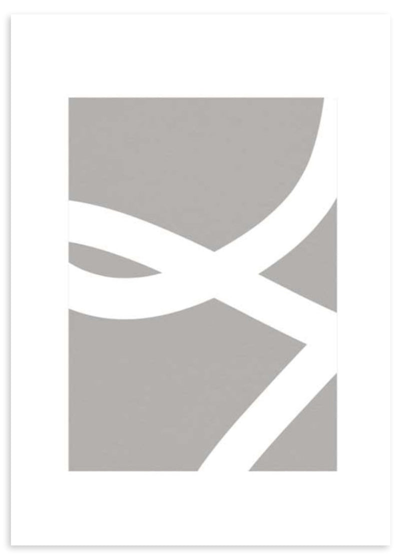 Tableau avec lignes courbes blanches entrecroisées sur fond gris taupe, composition épurée au style minimaliste et à l’allure moderne équilibrée. Disponible sur kudeko.com