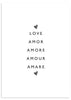 Tableau avec mots d’amour en plusieurs langues, typographie noire sur fond blanc, composition centrée, petits cœurs délicats et style minimaliste contemporain. Disponible sur kudeko.com
