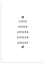 Tableau avec mots d’amour en plusieurs langues, typographie noire sur fond blanc, composition centrée, petits cœurs délicats et style minimaliste contemporain. Disponible sur kudeko.com