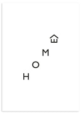Quadro emoldurado com a palavra HOME em letras pretas dispostas na diagonal, pequeno ícone de casa, fundo branco e estilo minimalista simples e moderno. Disponível em kudeko.com