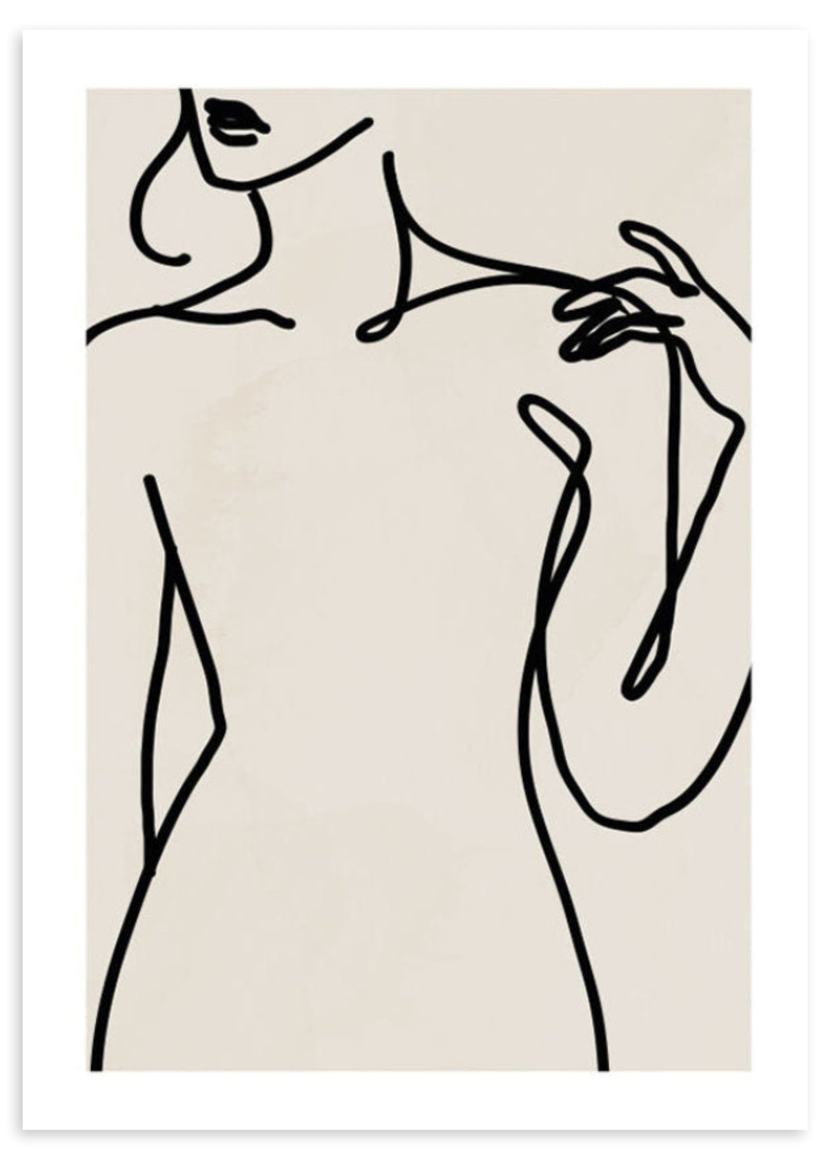 Wandbild mit weiblicher Figur in schwarzen Linien auf hellbeigem Hintergrund, mit Gesicht, Oberkörper und Hand in eleganter minimalistischer Komposition und stilvoller Ausstrahlung. Erhältlich auf kudeko.com