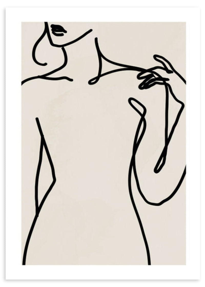 Lámina decorativa sin marco de estilo minimalista y blanco_y_negro, silueta femenina en trazo continuo, modelo Women Sketch I