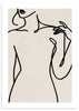 Quadro com figura feminina em linhas pretas sobre fundo bege claro, com rosto, tronco e mão numa composição elegante de estilo minimalista e sofisticado. Disponível em kudeko.com