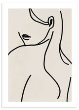 Tableau avec silhouette féminine de dos, lignes noires délicates sur fond beige clair, composition épurée, élégante et minimaliste au style apaisant. Disponible sur kudeko.com