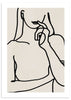 Wandbild mit weiblicher Silhouette in schwarzen Linien auf hellbeigem Hintergrund, mit Oberkörper, Lippen und Hand in eleganter minimalistischer Komposition im modernen Stil. Erhältlich auf kudeko.com