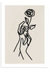 Gerahmtes Wandbild mit einer Hand, die eine Rose hält, in schwarzen Linien auf hellbeigem Hintergrund, minimalistisch, floral, modern und elegant gestaltet. Erhältlich auf kudeko.com