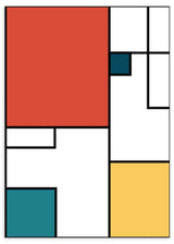 Quadro com composição geométrica de retângulos em vermelho coral, branco, azul petróleo e amarelo mostarda, destacados por linhas pretas marcantes, num estilo moderno e estruturado. Disponível em kudeko.com