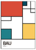 Wandbild mit Rechtecken in Ziegelrot, Petrolblau, Senfgelb und Weiß, kräftigen schwarzen Linien und modernem geometrischem Stil im Bauhaus-Look. Erhältlich auf kudeko.com