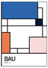 Gerahmtes Wandbild mit geometrischer Komposition aus Rechtecken in intensivem Blau, Weiß, Korallorange, zartem Rosa und Marineblau, mit Bau Typografie und modernem grafischem Stil. Erhältlich auf kudeko.com