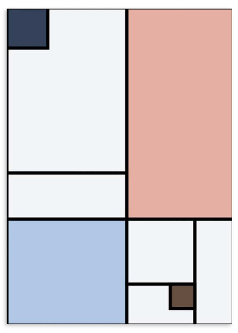 Tableau à composition géométrique avec rectangles blanc cassé, rose poudré, bleu clair, bleu gris et brun, lignes noires marquées et style moderne inspiré du Bauhaus. Disponible sur kudeko.com