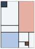 Tableau à composition géométrique avec rectangles blanc cassé, rose poudré, bleu clair, bleu gris et brun, lignes noires marquées et style moderne inspiré du Bauhaus. Disponible sur kudeko.com
