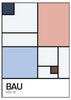 Tableau encadré avec rectangles bleu clair, bleu grisé, rose poudré, blanc et marron, lignes noires, texte typographique et style géométrique moderne. Disponible sur kudeko.com