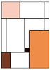 Gerahmtes Wandbild mit geometrischer Komposition aus weißen Rechtecken, Altrosa, warmem Orange, Terrakottabraun, bordeauxfarbenem Akzent und markanten schwarzen Linien im modernen Stil. Erhältlich auf kudeko.com