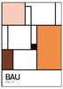 Wandbild mit rechteckiger Komposition in Weiß, Orange, Braun, Pfirsich und Bordeaux, markanten schwarzen Linien und modernem geometrischem Stil im Bauhaus-Look. Erhältlich auf kudeko.com