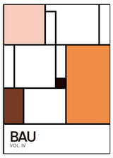 Wandbild mit rechteckiger Komposition in Weiß, Orange, Braun, Pfirsich und Bordeaux, markanten schwarzen Linien und modernem geometrischem Stil im Bauhaus-Look. Erhältlich auf kudeko.com