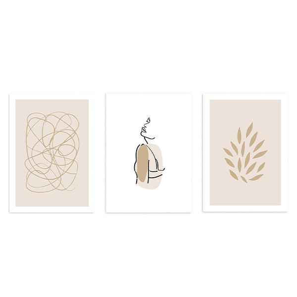 Ensemble de trois tableaux avec lignes abstraites beige, silhouette féminine au trait continu, feuilles décoratives sable et style minimaliste pour décoration murale. Disponible sur kudeko.com