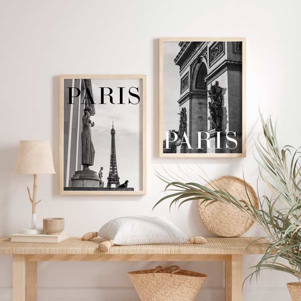 decoración con cuadros, ideas - conjunto de dos cuadros fotográficos de París, blanco y negro - kudeko