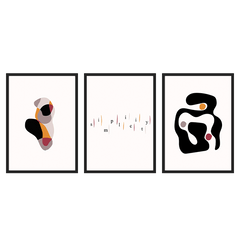 Ensemble de trois tableaux avec formes organiques abstraites, typographie centrale, tons noir, beige, gris doux, orange et bordeaux, dans un style minimaliste épuré. Disponible sur kudeko.com