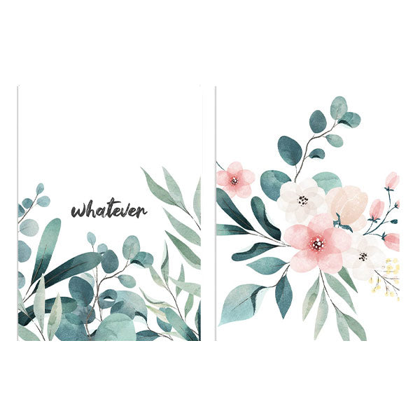 Conjunto de dos cuadros con hojas verde azulado, flores rosas y blancas, fondo blanco y palabra whatever, en estilo floral suave y decorativo. Disponible en kudeko.com